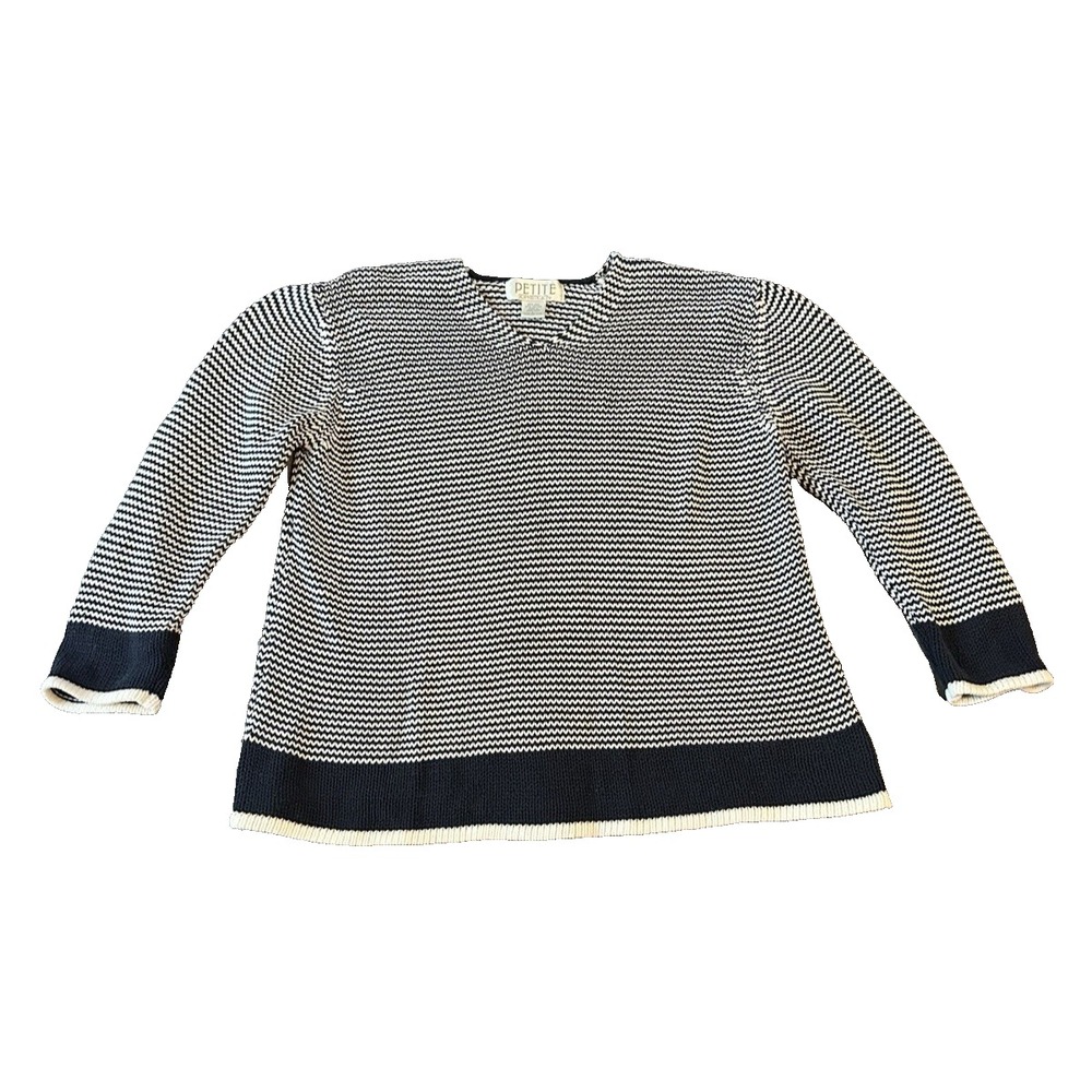 Silk Cotton Blend Navy White Striped Womens Sweater L Fisherman Nautical Preppy